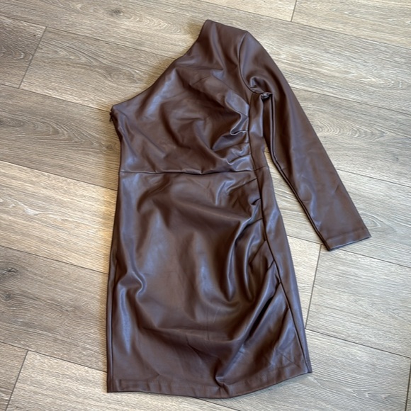 Express Faux Leather One Shoulder Mini Dress Mocha - Picture 5 of 13